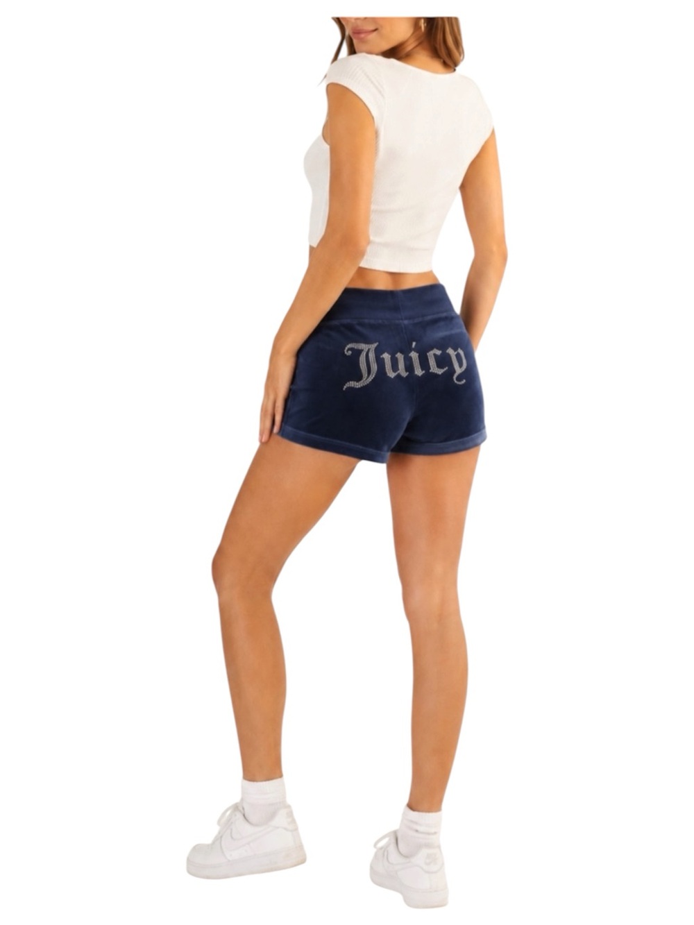Juicy Couture Navy Velour Velvet Rhinestone Logo Booty Shorts Y2K McBling Size M